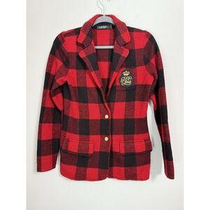 Ralph Lauren Womens Blazer Red Sz S Buffalo Plaid Crest Crown Wool Academic